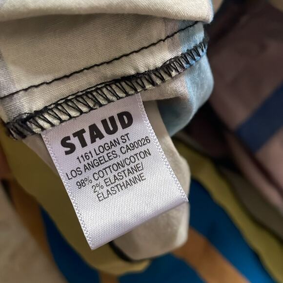 STAUD Sea Tiered Striped Stretch cotton Midi Skirt Multi Formentera Stripe - Picture 14 of 16